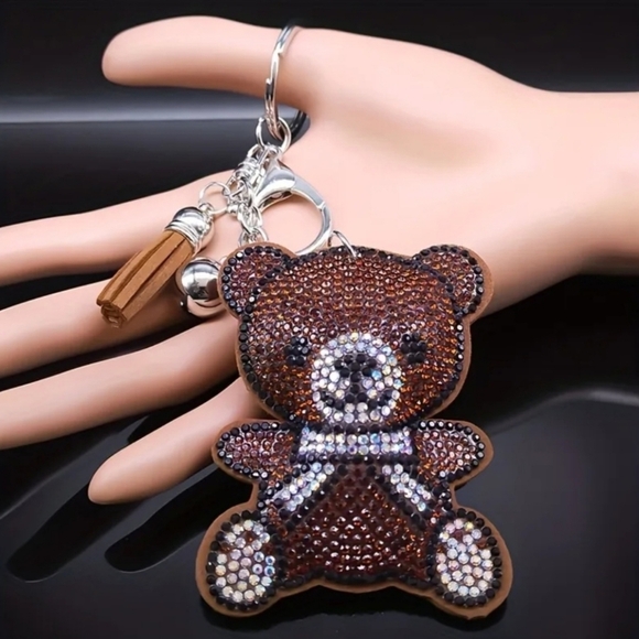 Bling Teddy Bear Crystal Rhinestone Keychain Bag Charm With Brown Tassel - Picture 3 of 11
